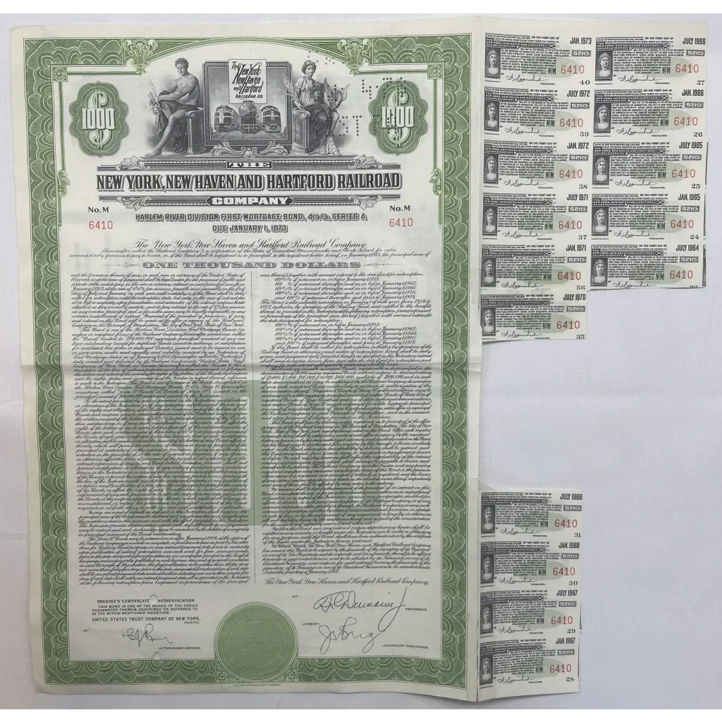 1953 New York New Haven & Hartford Railroad $1000 Gold Bond w/ Coupons 🚂