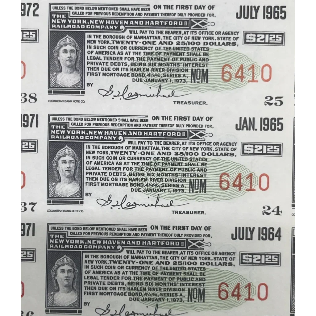 1953 New York New Haven & Hartford Railroad $1000 Gold Bond w/ Coupons 🚂