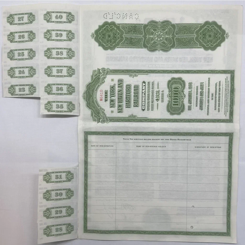 1953 New York New Haven & Hartford Railroad $1000 Gold Bond w/ Coupons 🚂