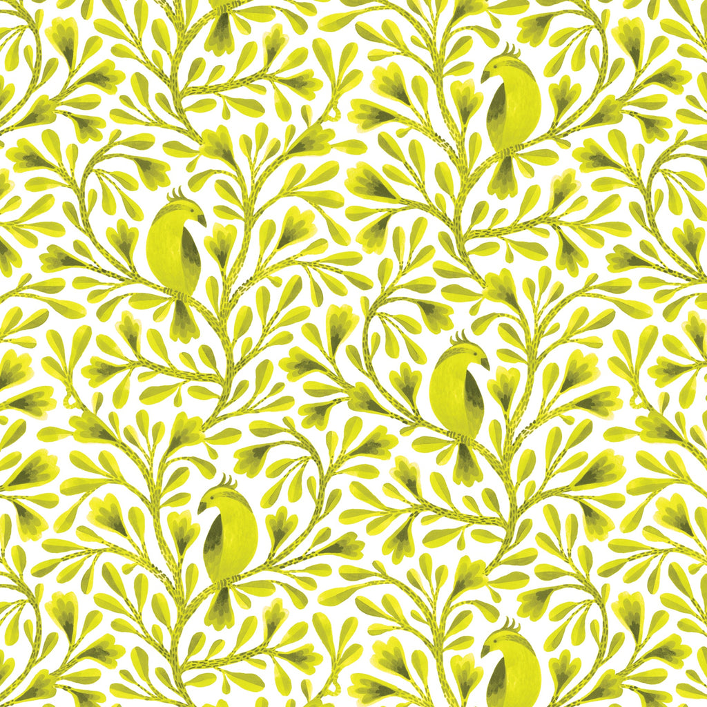 Dark Lime Citrine Birds and Branches Cotton 44”/45” Fabric Per Yard