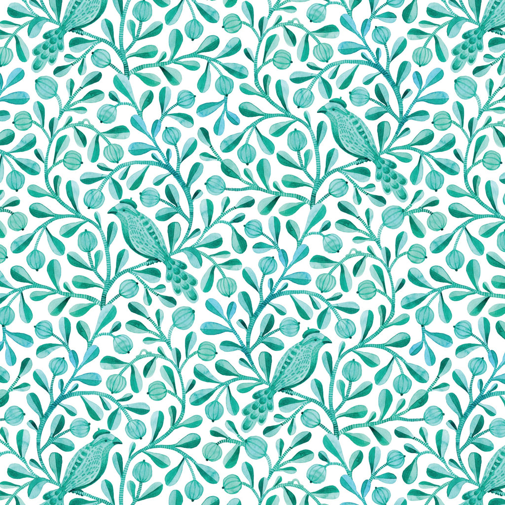 Turquoise Felipe Birds and Branches Cotton 44”/45” Fabric Per Yard