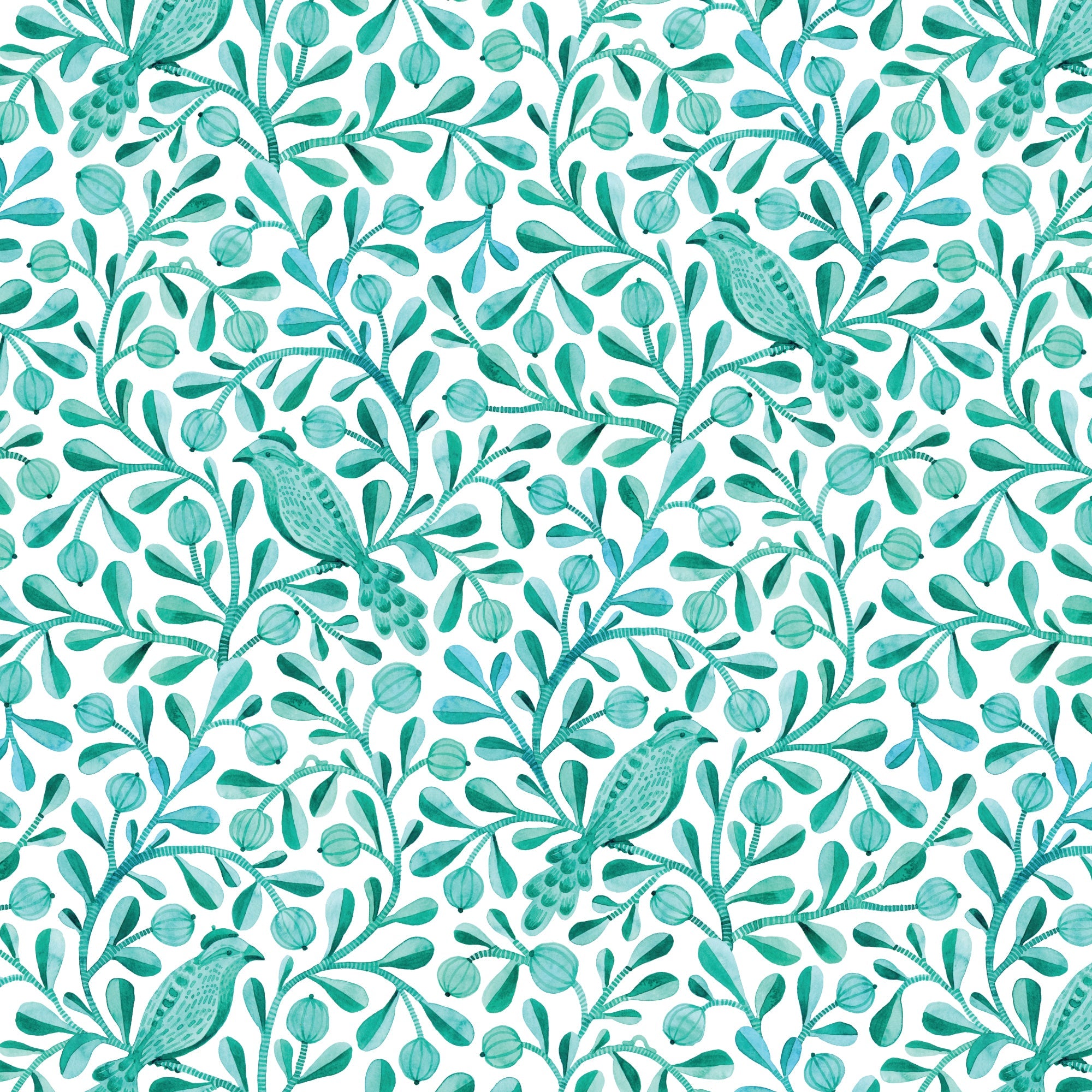 Turquoise Felipe Birds and Branches Cotton 44”/45” Fabric Per Yard