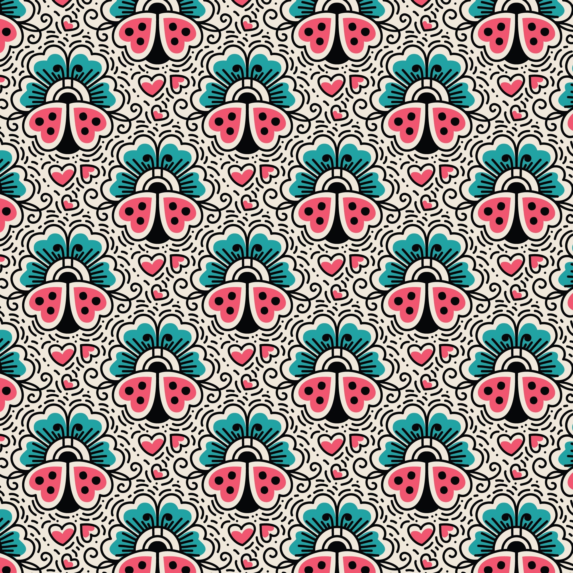 Ladybugs and Flowers Love Ink 3387 Cotton 44”/45” Fabric Per Yard