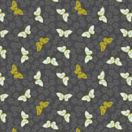 LI Sakura butterflies on charcoal, gold metallic A921