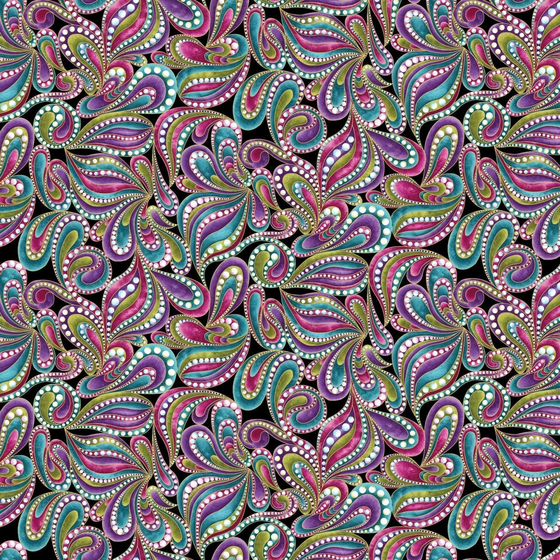 Black Multi Paisley Style Cotton Wideback Fabric Per Yard