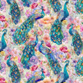 Multi Peacocks On Floral Wild Beauty Cotton 44"/45" Fabric Per Yard