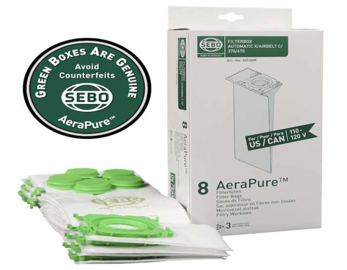 SEBO Filter Bag Box for X, G, C, 300/350 & 370 Series — 8 Bags