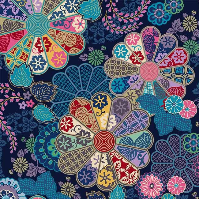 Navy Garden Grace (Metallic) Cotton 43"/44" Fabric Per Yard