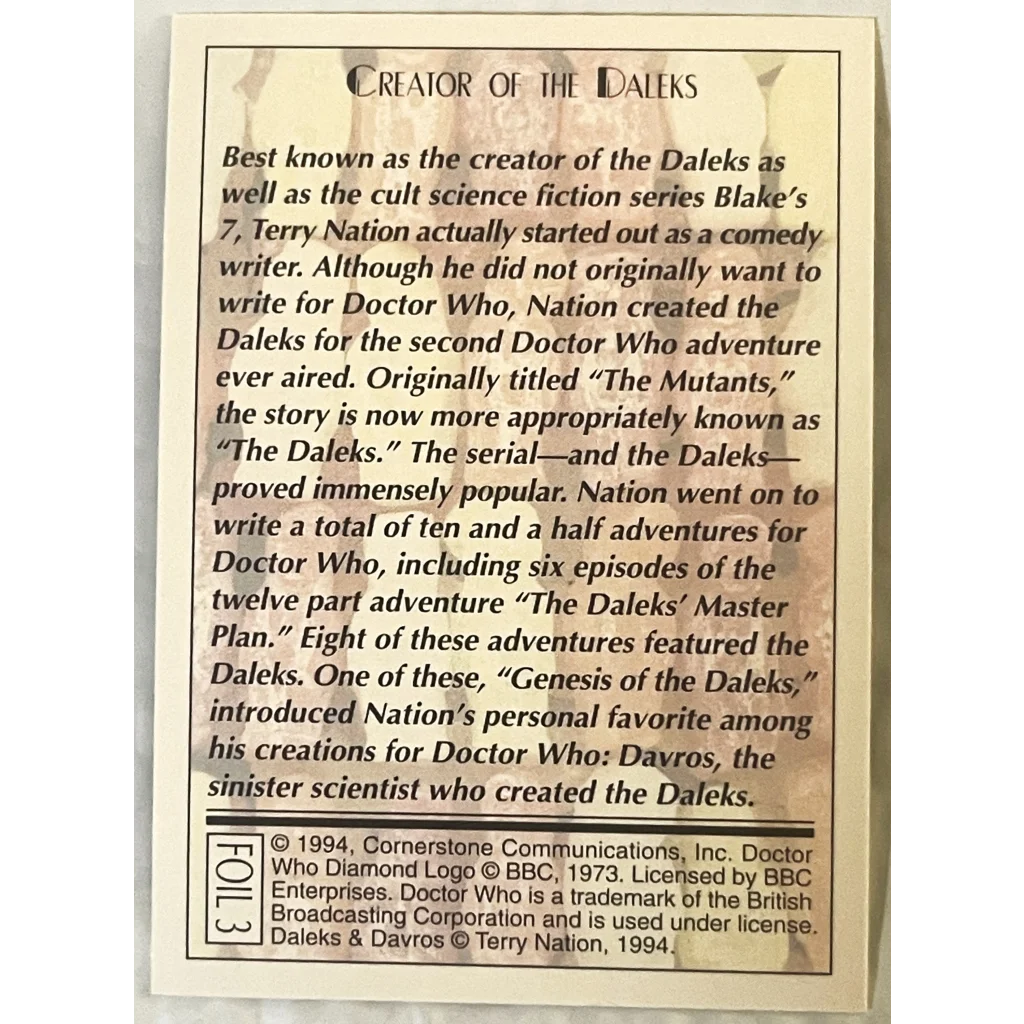 1994 Doctor Who Daleks & Davros Foil Card Set — Cards 1–3 and 7
