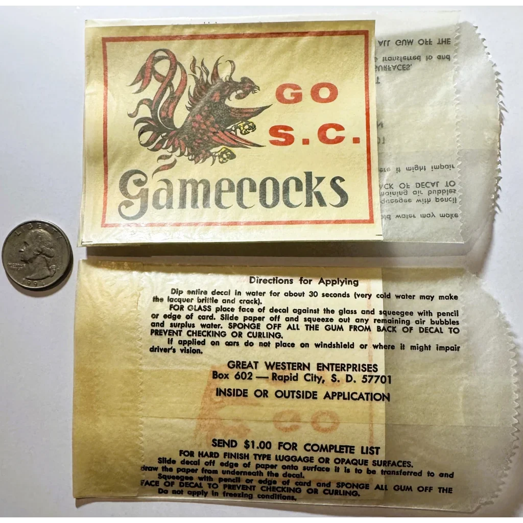 1960s South Carolina Gamecocks Decal — NOS Great Western Enterprises