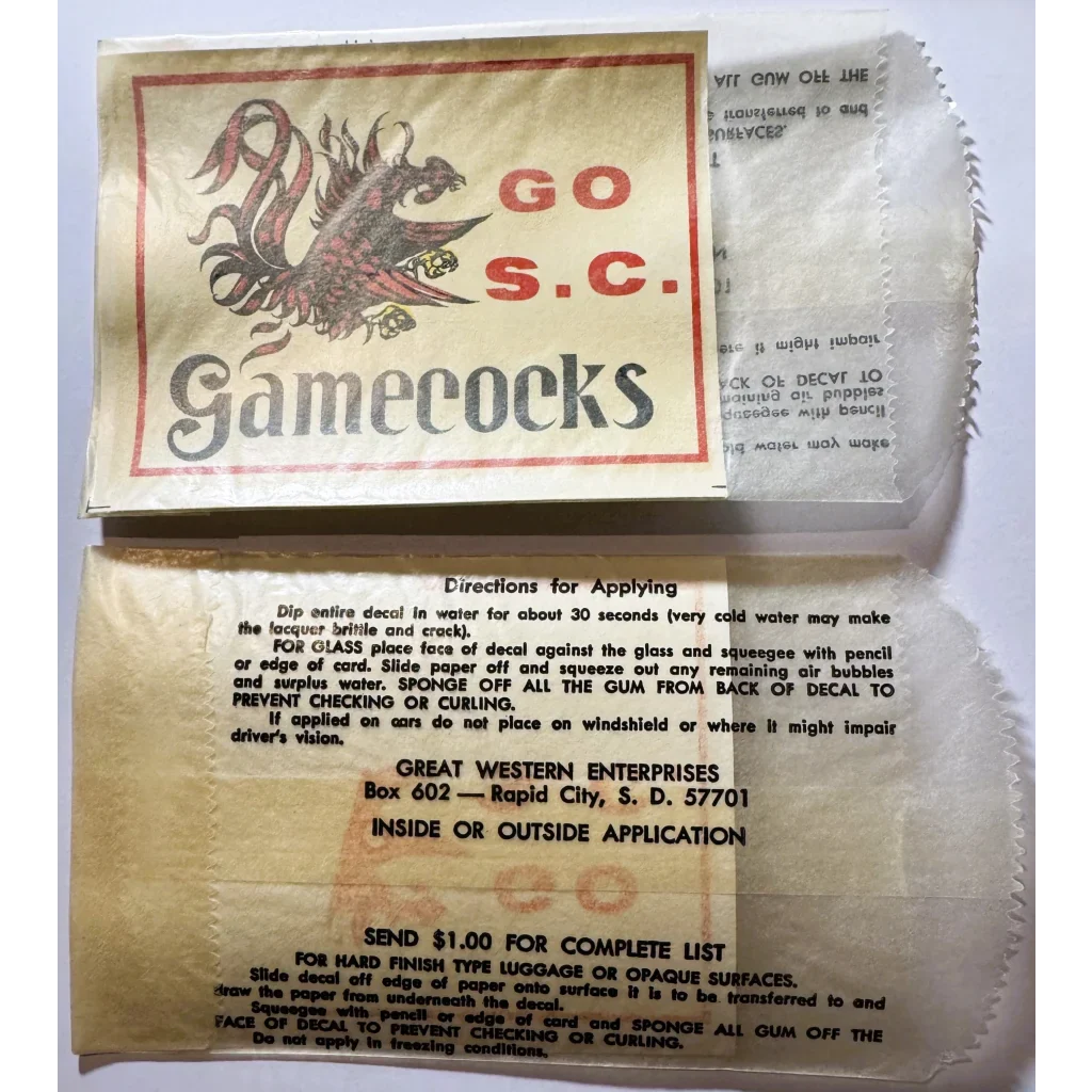 1960s South Carolina Gamecocks Decal — NOS Great Western Enterprises