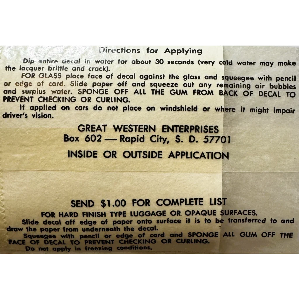 1960s South Carolina Gamecocks Decal — NOS Great Western Enterprises